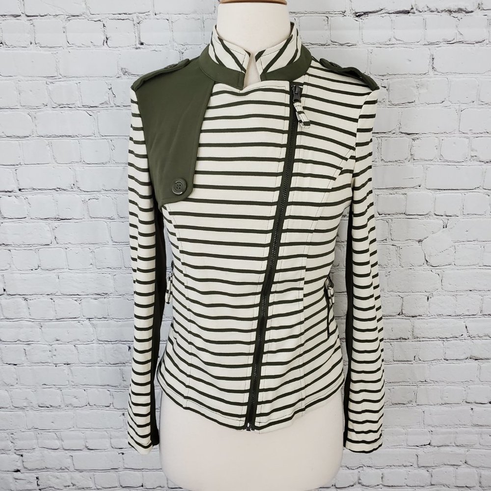 Striped Olive & White Women's Moto Jacket
